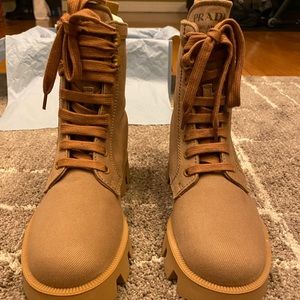 PRADA Lug-Sole Canvas/Denim Combat Boots - BNIB - Color: “Kaki” (camel/tan) - 37